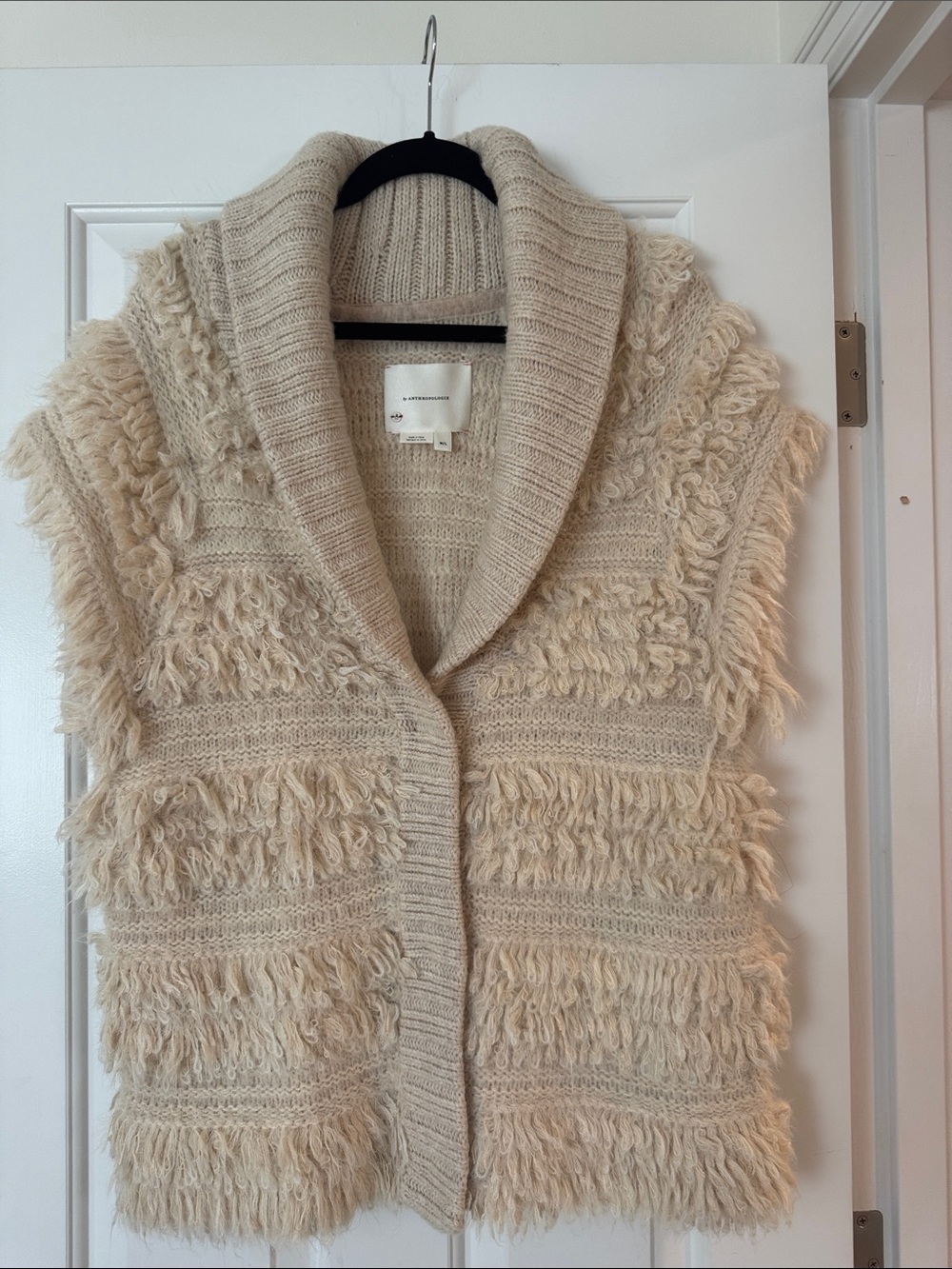 Anthropologie Cream Shaggy Shawl-Collar Sweater Vest